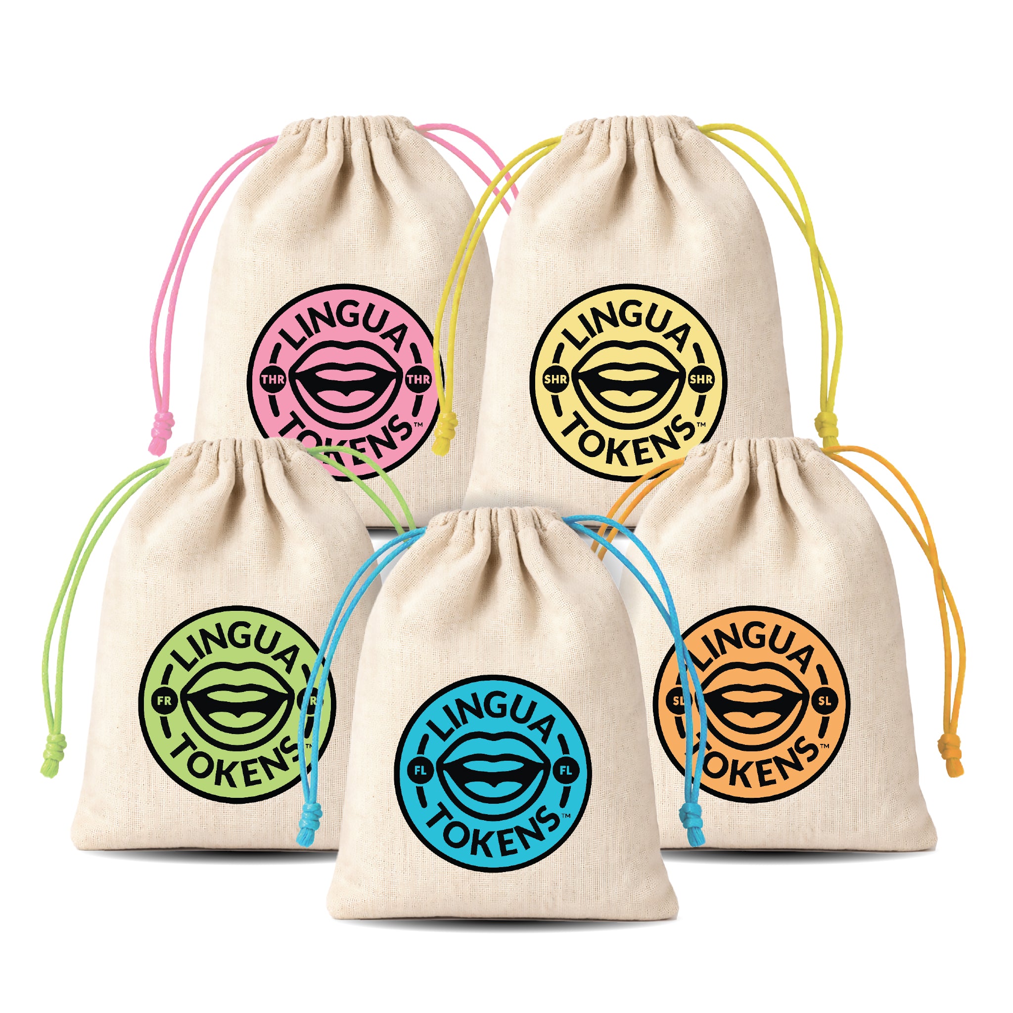 2 Element Clusters phoneme sets - THR, SHR, FR, FL, SL - five drawstring bags with 'LINGUA TOKENS' logos on a white background