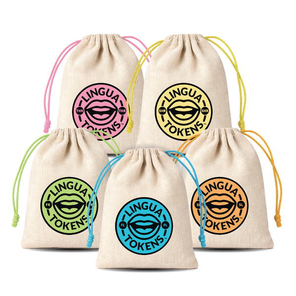 2 Element Clusters phoneme sets - THR, SHR, FR, FL, SL - five drawstring bags with 'LINGUA TOKENS' logos on a white background