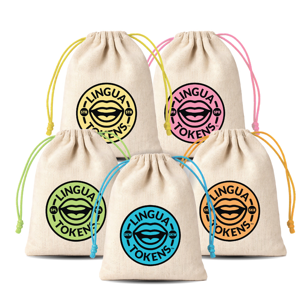 3 Element cluster phoneme sets - STR, SPR, SPL, SKW, SKR - five drawstring bags with 'LINGUA TOKENS' logos on a white background