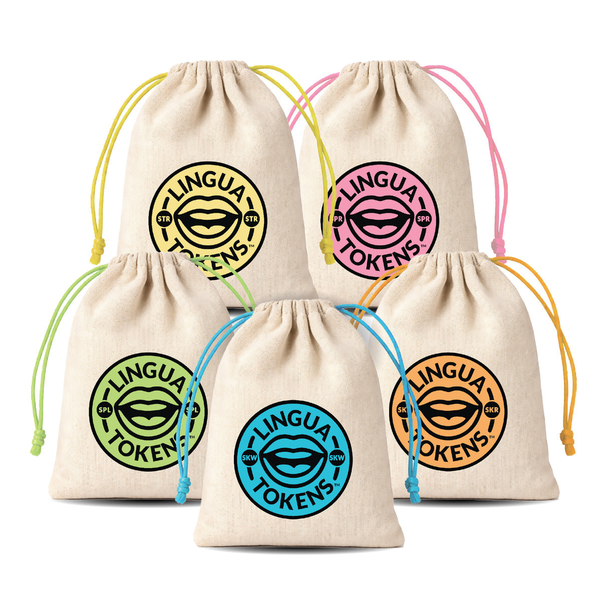 3 Element cluster phoneme sets - STR, SPR, SPL, SKW, SKR - five drawstring bags with 'LINGUA TOKENS' logos on a white background