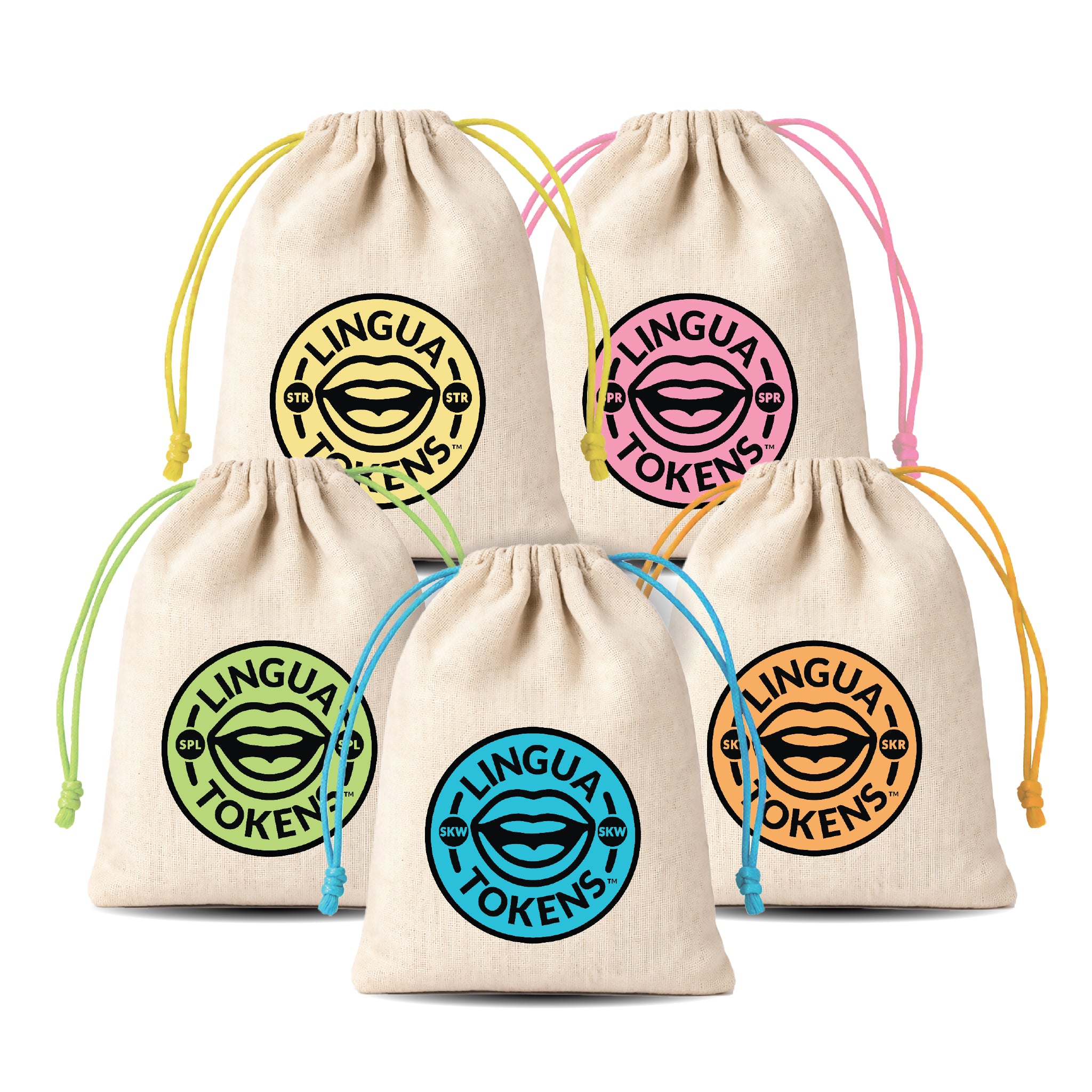 3 Element cluster phoneme sets - STR, SPR, SPL, SKW, SKR - five drawstring bags with 'LINGUA TOKENS' logos on a white background