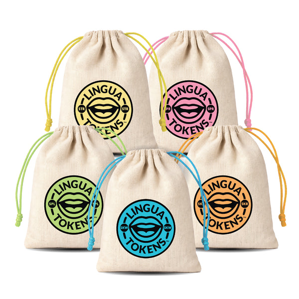 3 Element cluster phoneme sets - STR, SPR, SPL, SKW, SKR - five drawstring bags with 'LINGUA TOKENS' logos on a white background