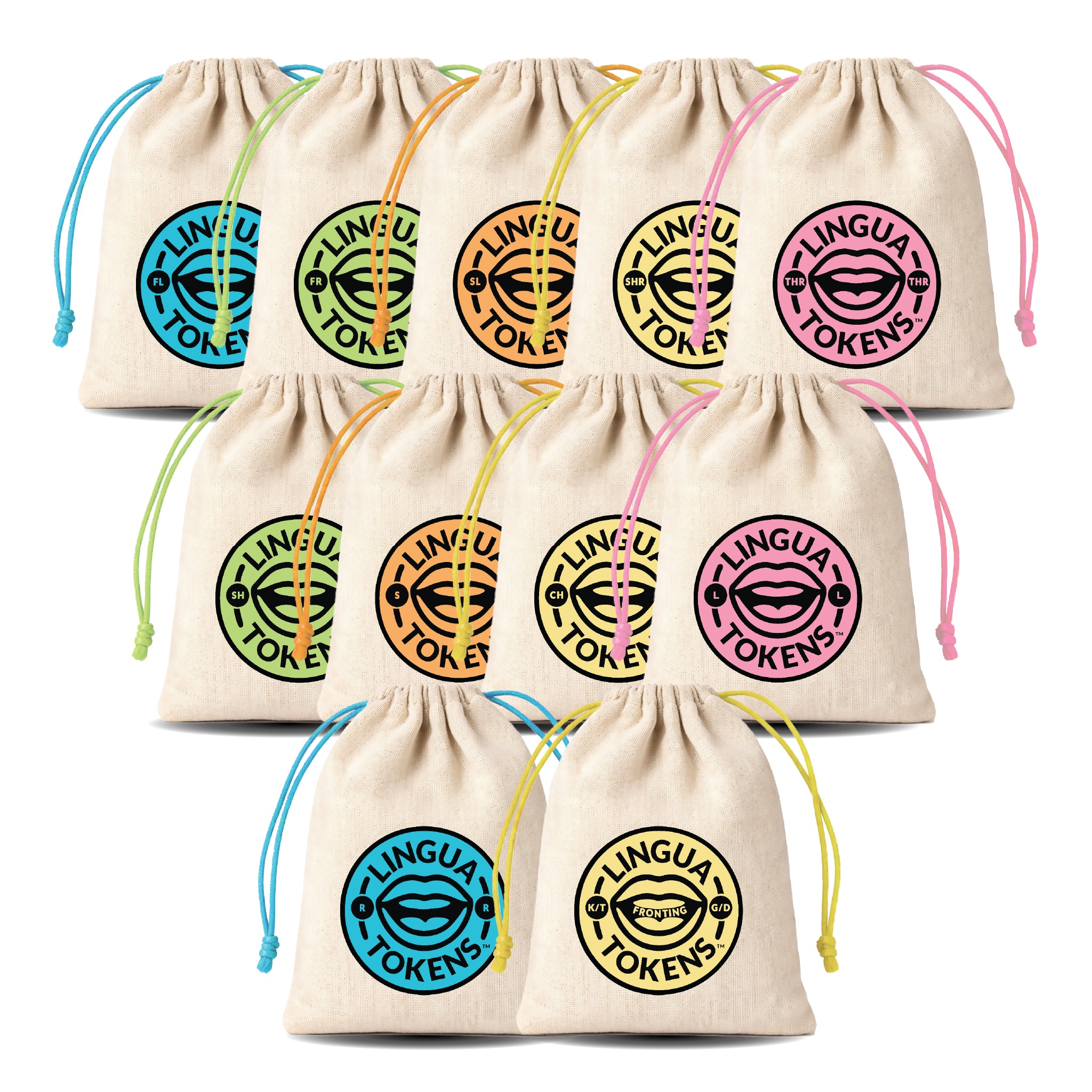 Clinic Essentials Phoneme Set - FL, FR, SL, SHR, THR, SH, S, CH, L, R, FRONTING - Eleven drawstring bags with 'LINGUA TOKENS' logos on a white background