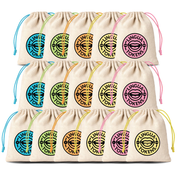 Complete Collection Phoneme Set - STR, SPR, SPL, SKW, SKR, FL, FR, SL, SHR, THR, SH, S, CH, L, R, FRONTING - Sixteen drawstring bags with 'LINGUA TOKENS' logos on a white background