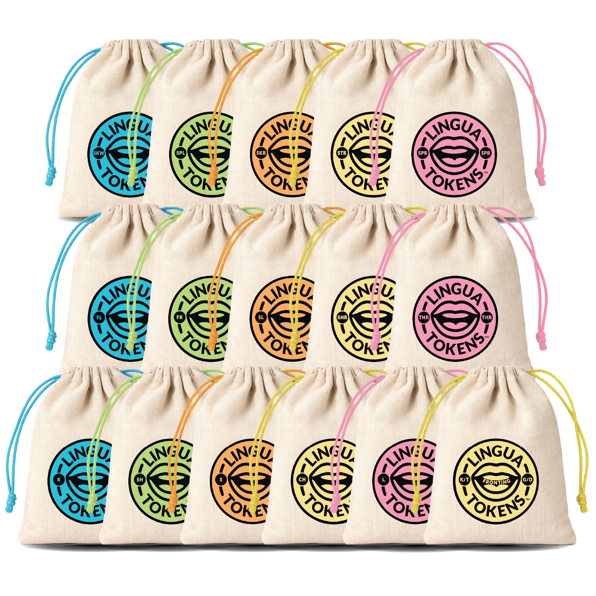 Complete Collection Phoneme Set - STR, SPR, SPL, SKW, SKR, FL, FR, SL, SHR, THR, SH, S, CH, L, R, FRONTING - Sixteen drawstring bags with 'LINGUA TOKENS' logos on a white background
