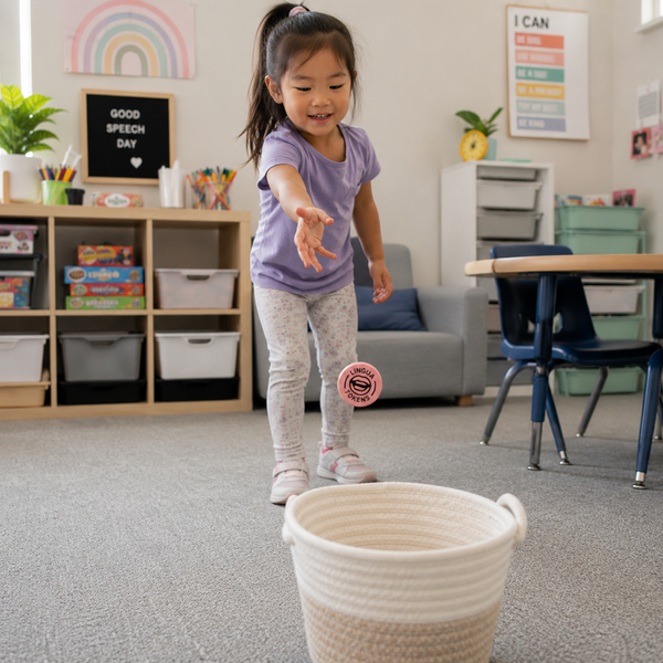Lingua Tokens in use during a speech therapy session being tossed in a basket when they get the word right.