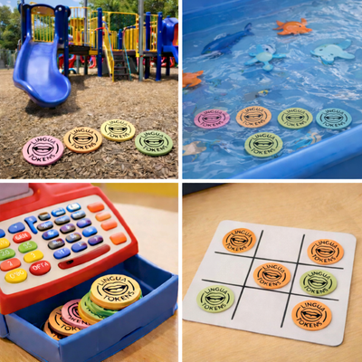 Collage of tokens on a playground, tokens in water, toy cash register, and tic-tac-toe game with colorful tokens.