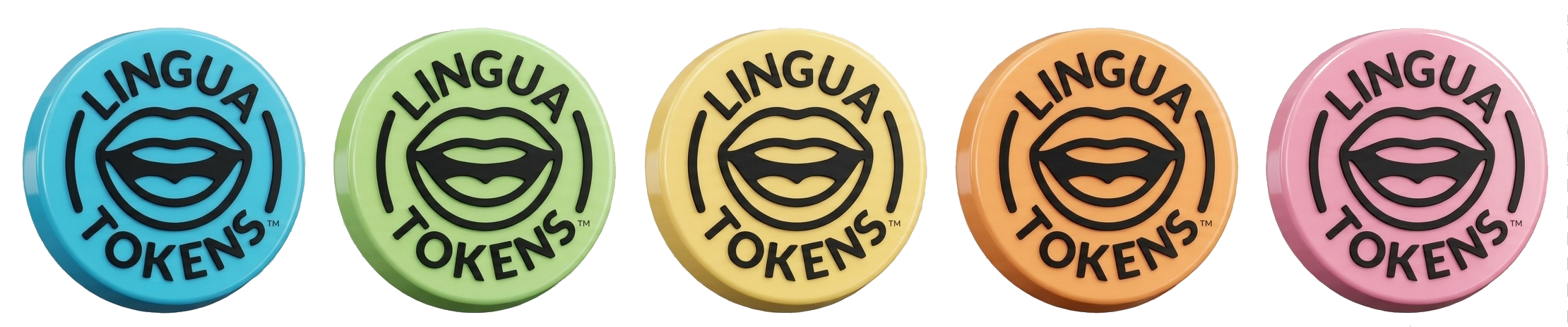 Set of five 3D round 'Lingua Tokens' with colorful borders and a central logo.